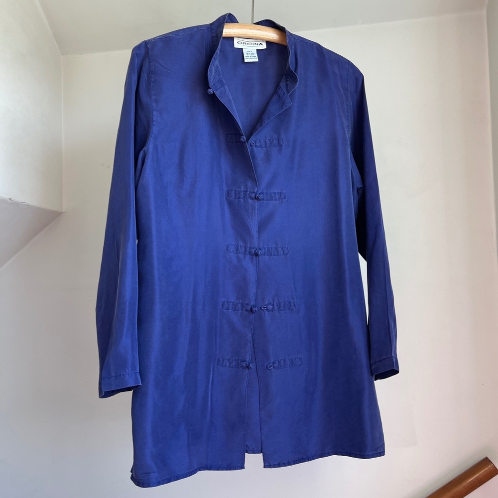 Vintage 100% Silk Mandarin Collar Frog Button Tunic Top Purple Blue Long Sleeve